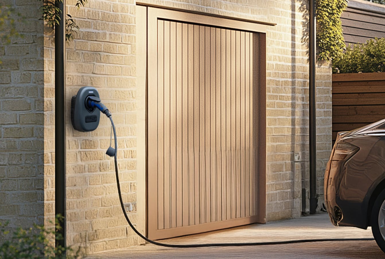 An ESi EV Charger with a car parked in the background