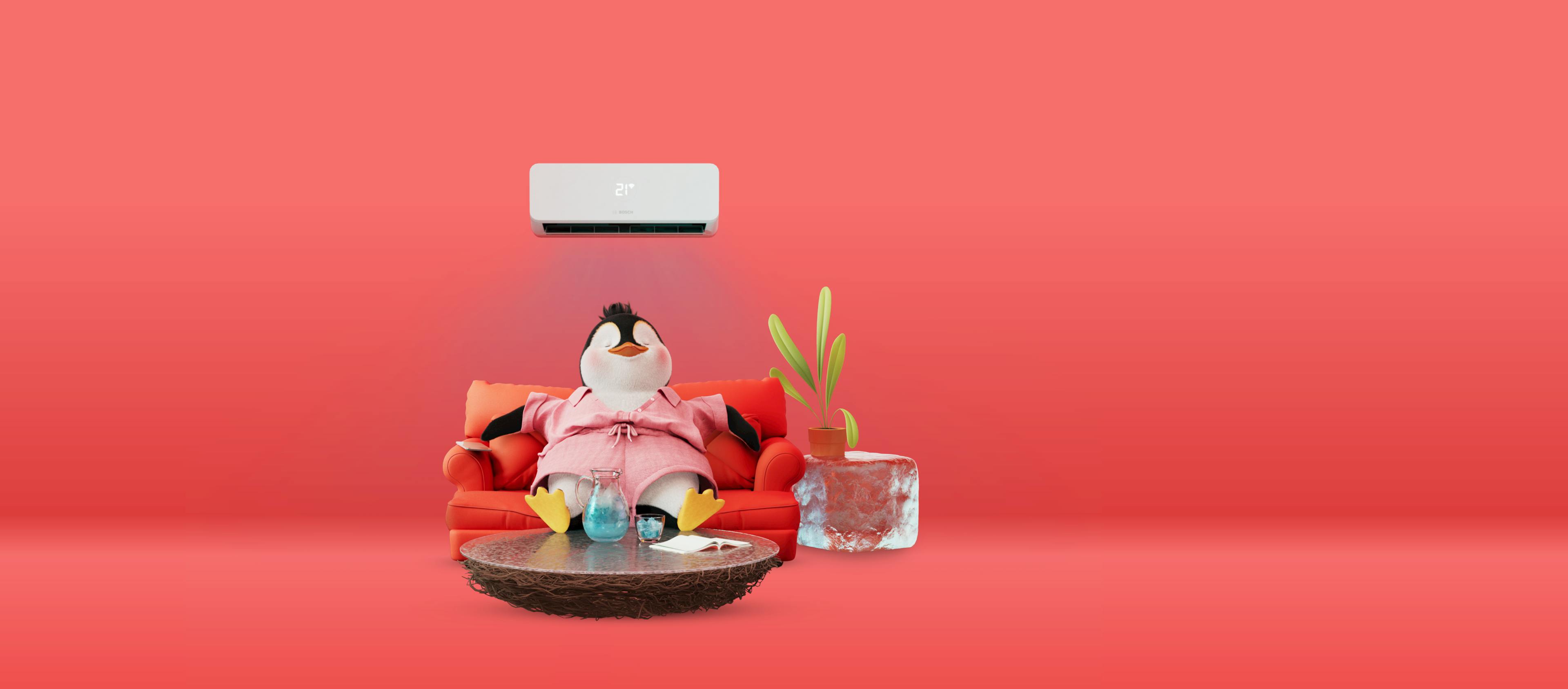 a penguin relaxing on the sofa under an air con unit