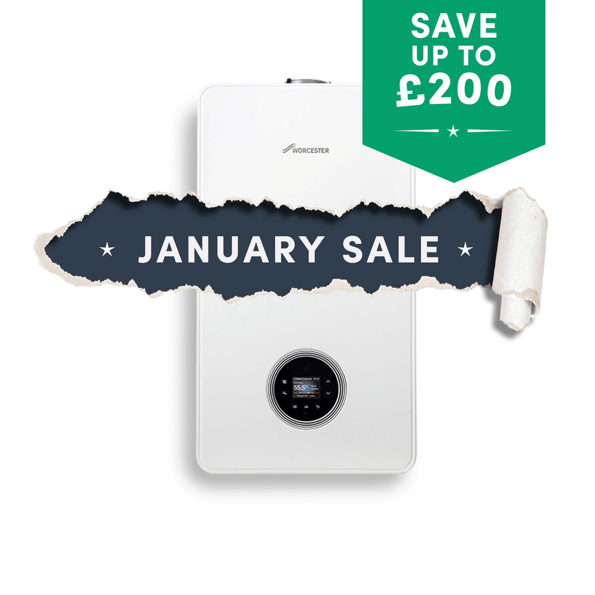 A boiler with a January Sale banner over it, and a green tag with Save up to £200 on it