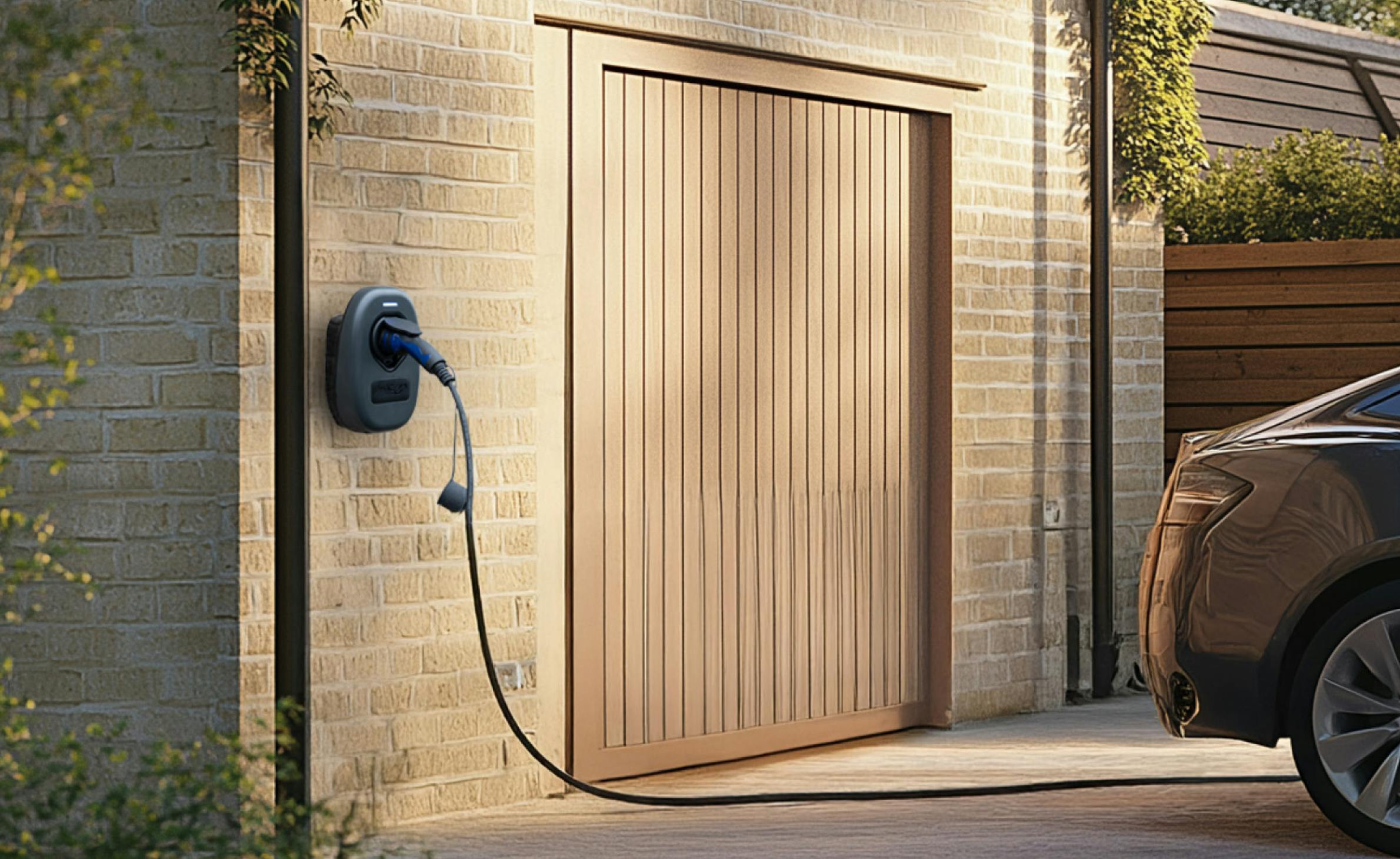 An ESi EV Charger with a car parked in the background