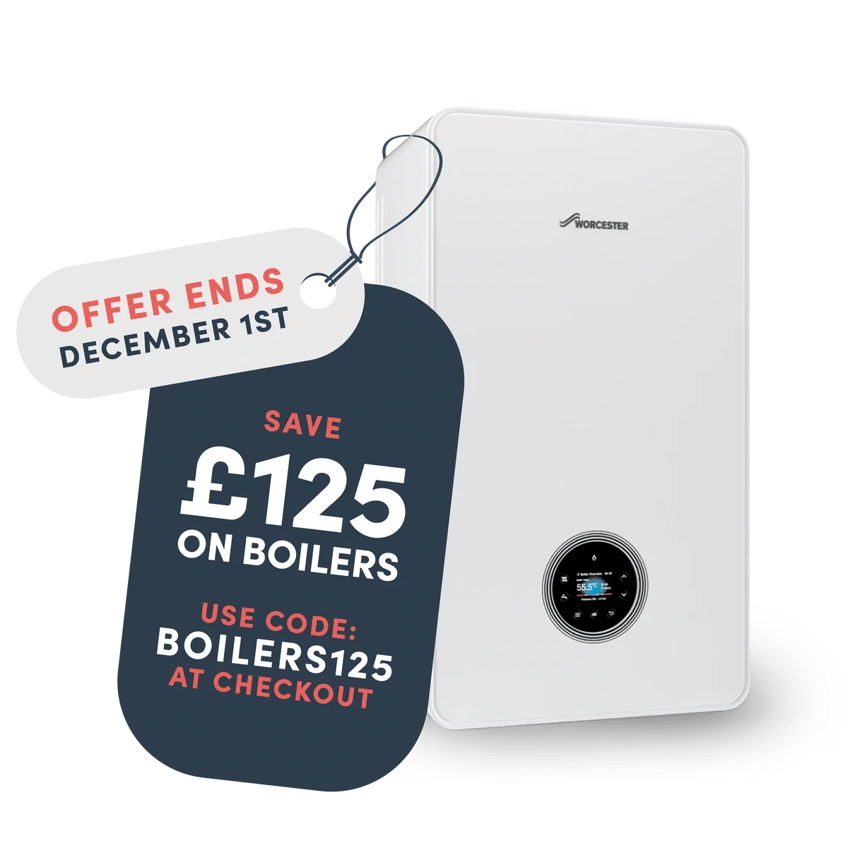 A boiler with a tag saying save £125 on boilers with code BOILERS125
