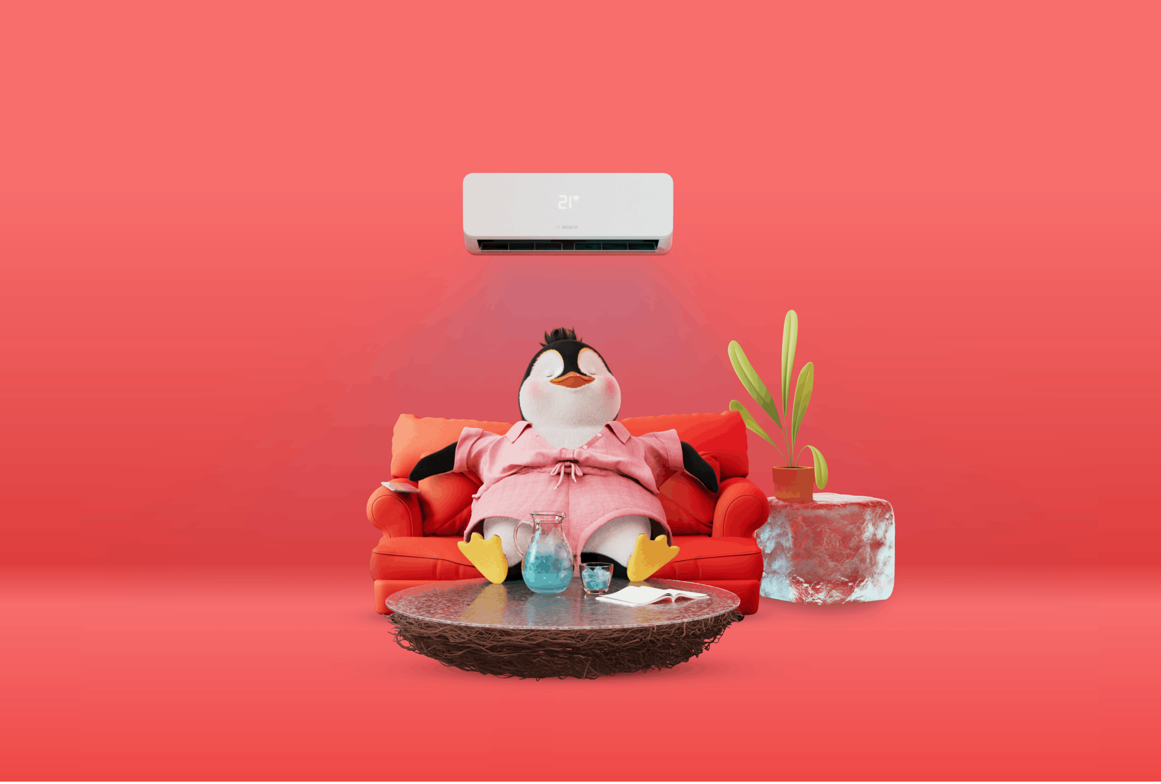 a penguin relaxing on the sofa under an air con unit