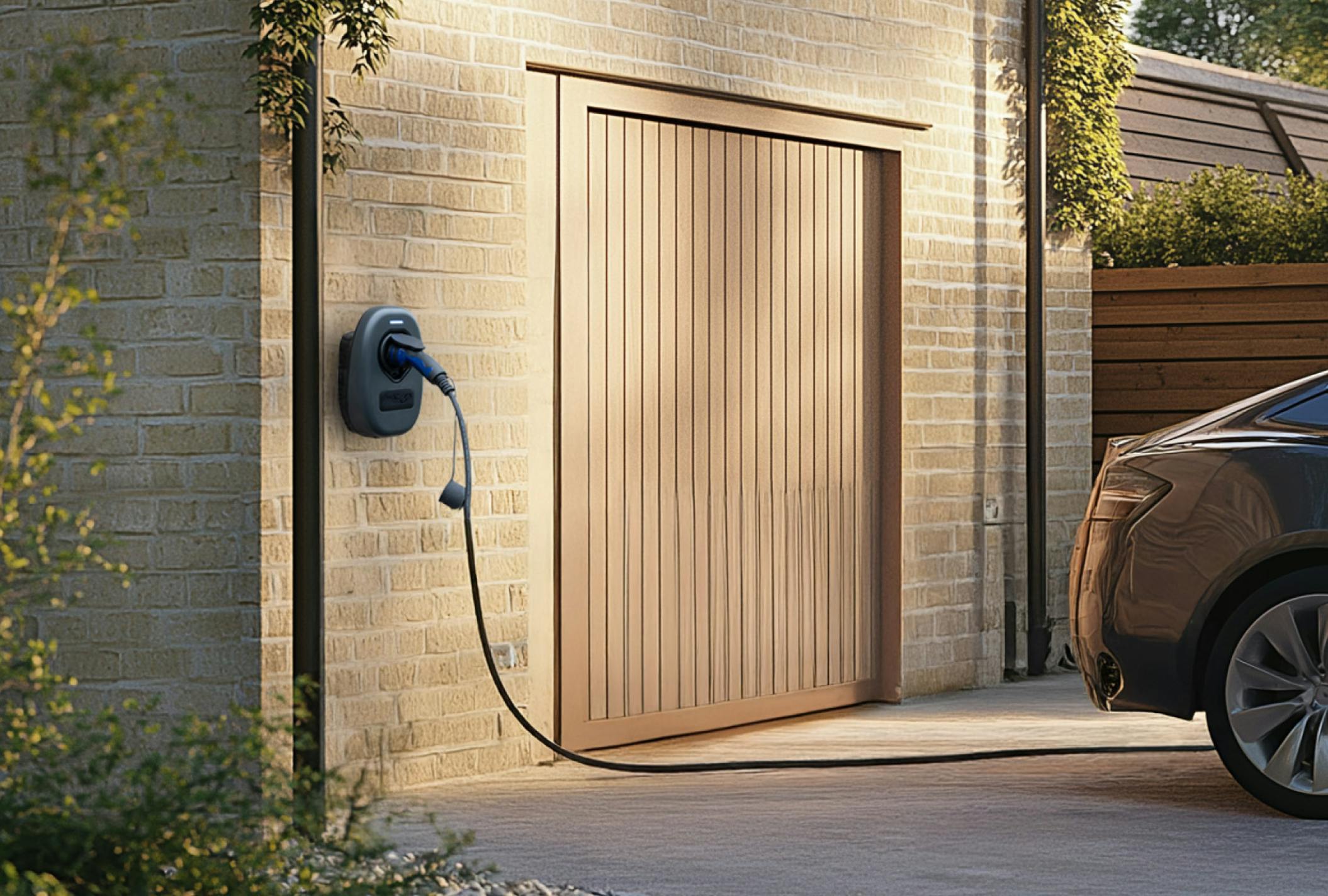 An ESi EV Charger with a car parked in the background