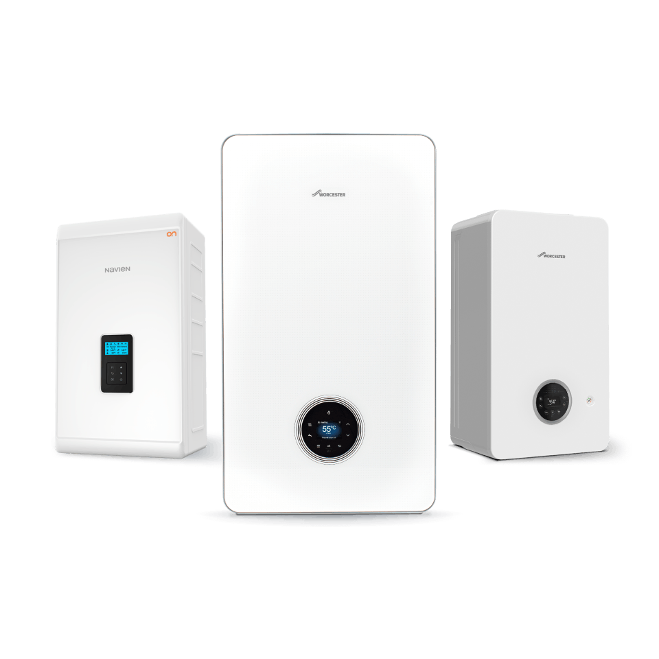 A white boiler shown prominently, with a boiler to either side slightly set back and positioned at an angle each facing outwards