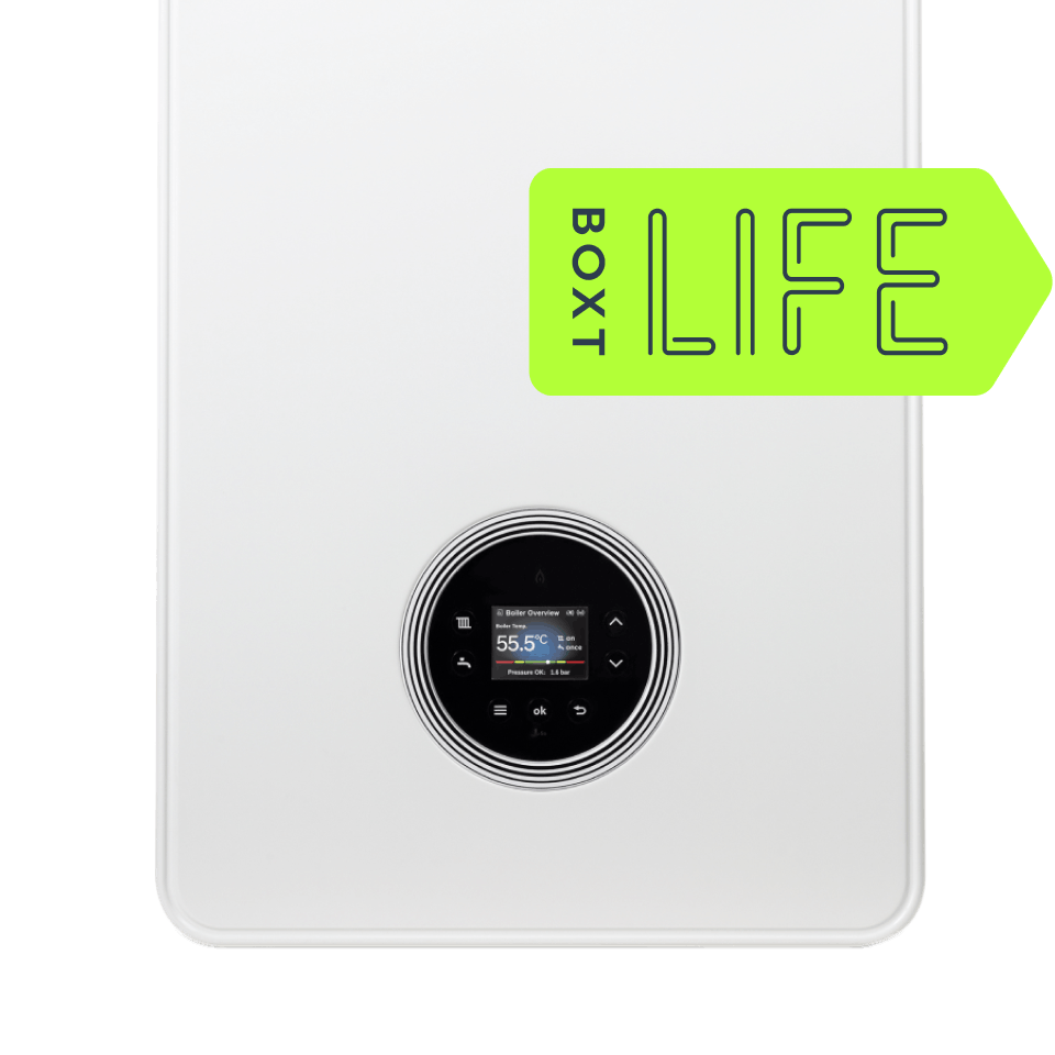 Worcester Bosch boiler with bright Life label layered on top of it 