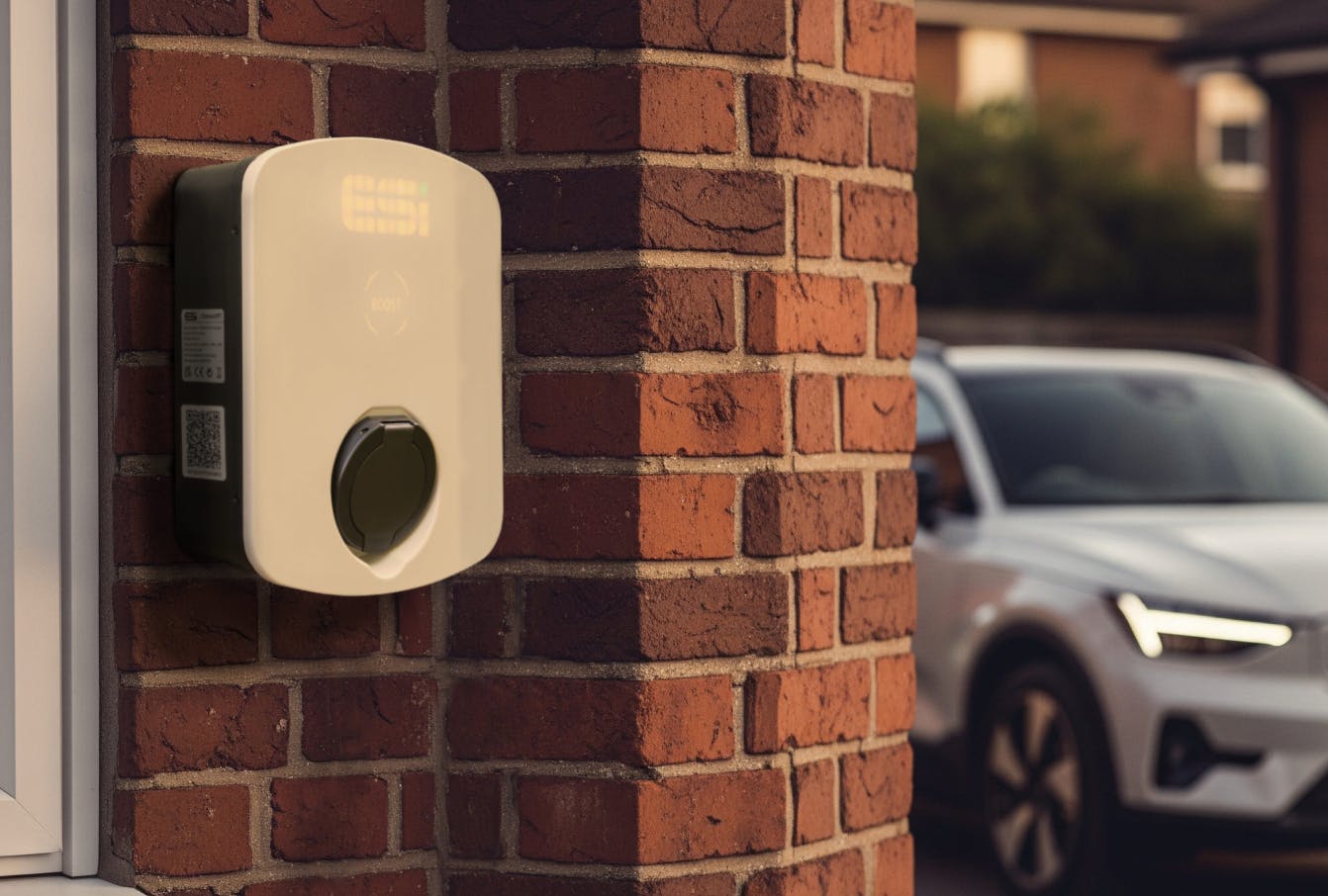 An ESi EV Charger with a car parked in the background