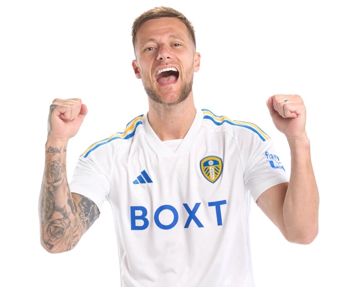 A Leeds United player with a BOXT sponsorship logo on their shirt