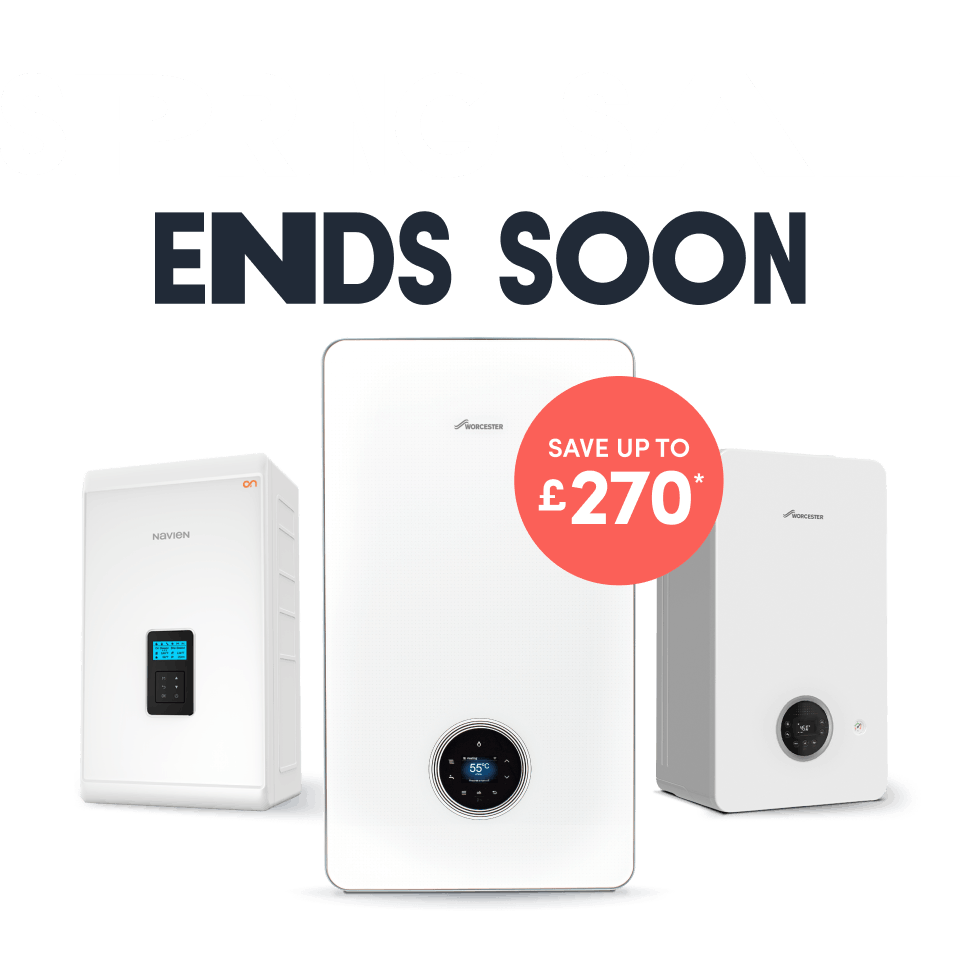 Three boilers with a title Spring Sale above them, and a round red label with Save up to £270 asterisk on it