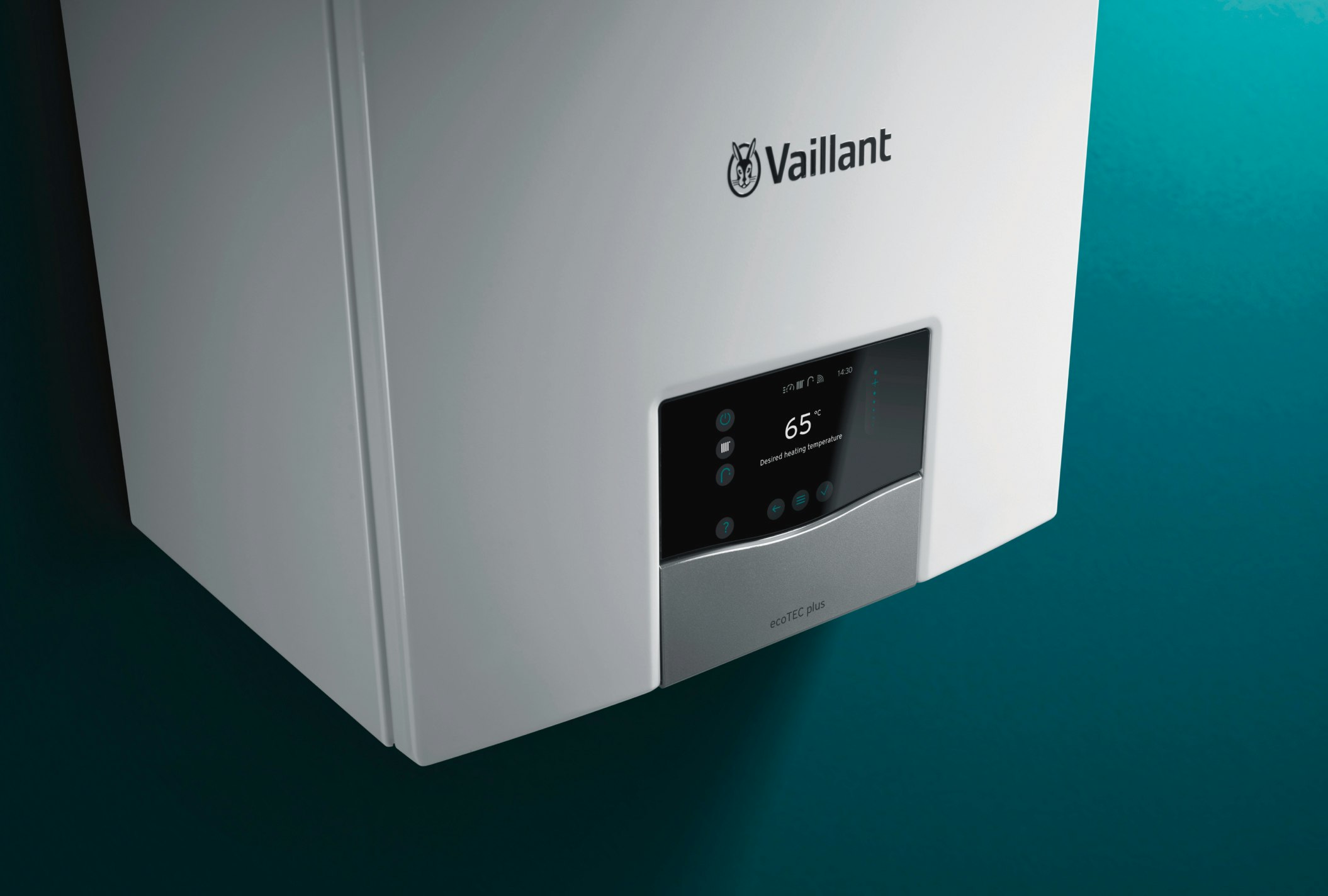A close up shot of the front control panel of a Vaillant ecoTEC Plus boiler