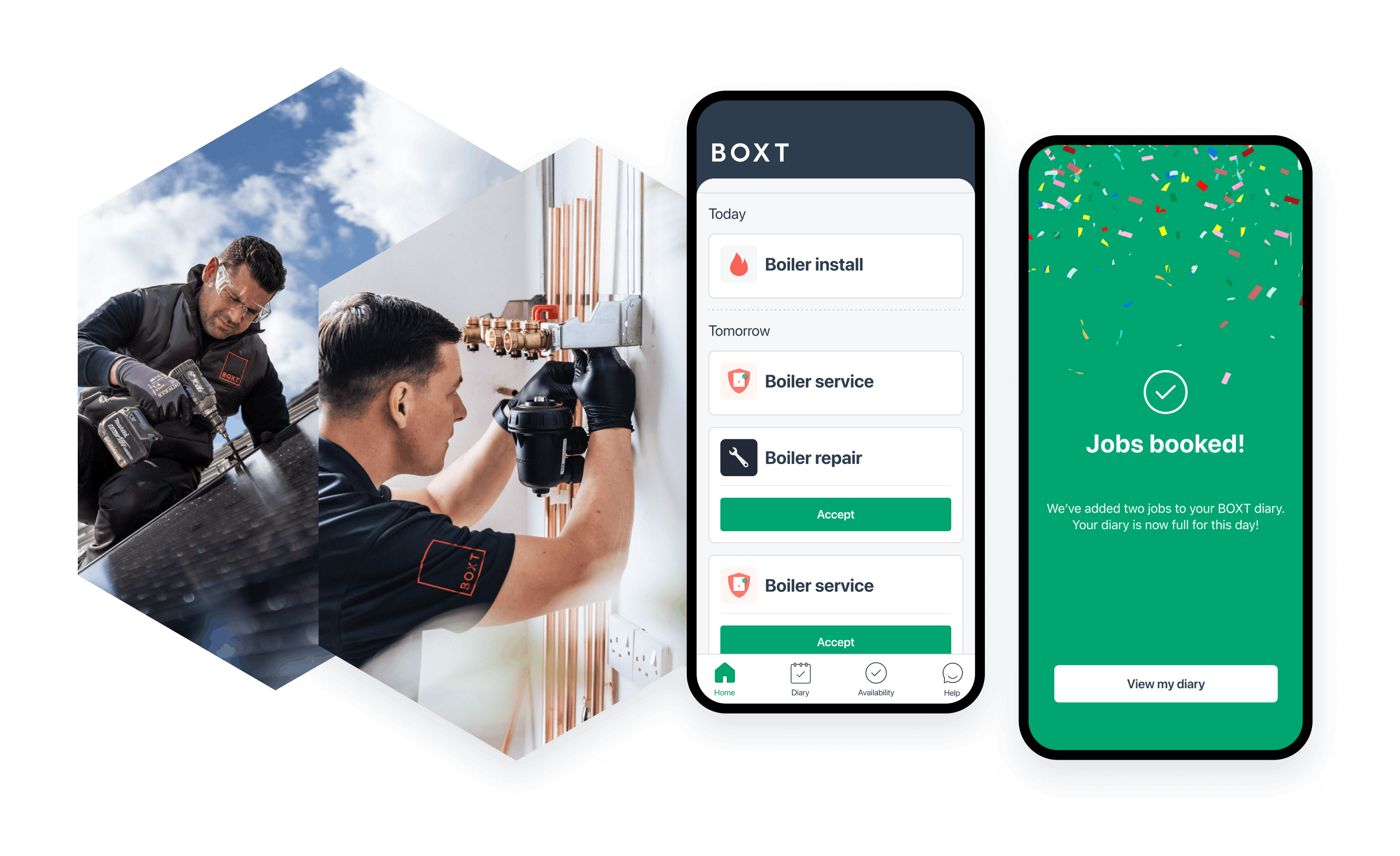 A collage image, there are two images of BOXT engineers, one is installing a solar panel, the other is installing heating pipes. Then there are some screens of the BOXT Engineer app 