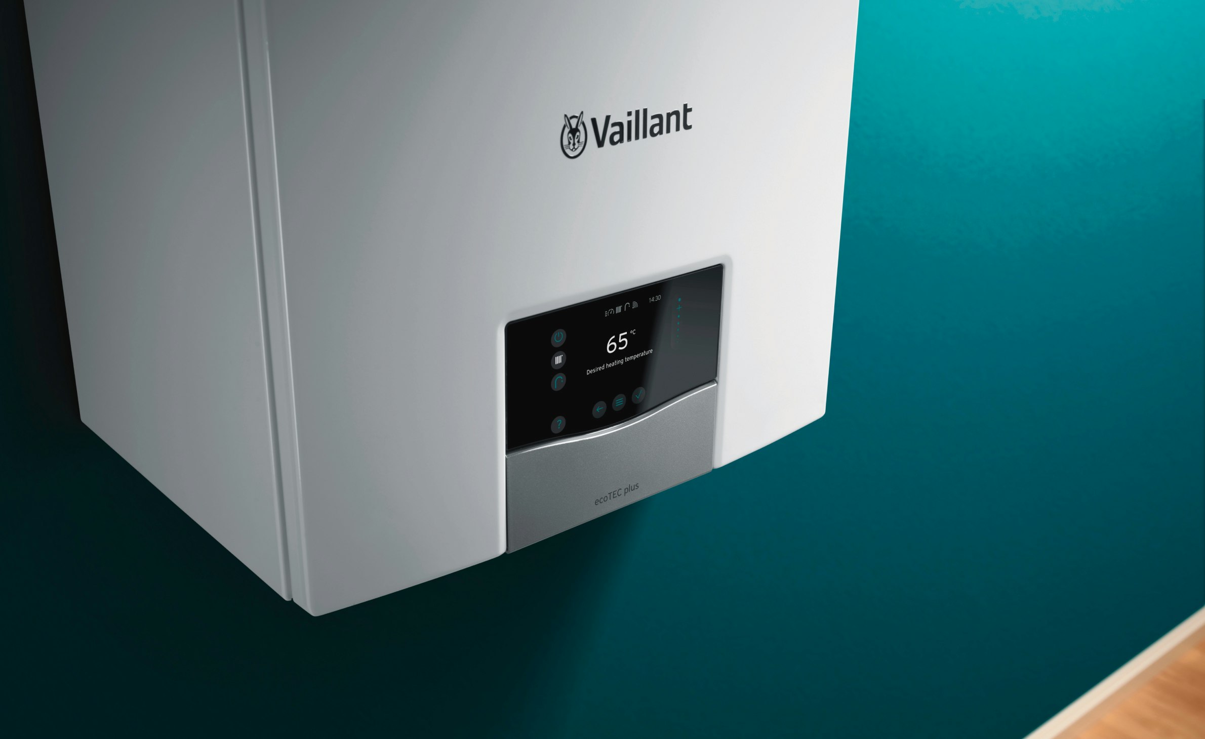 A close up shot of the front control panel of a Vaillant ecoTEC Plus boiler
