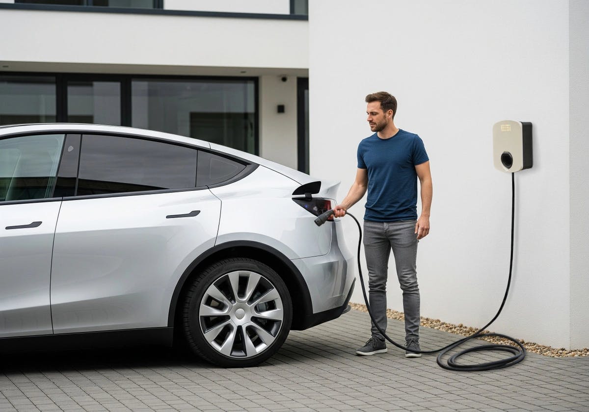 a BOXT engineer installing an EV Charger, with a red BOXT-branded van visible in the background