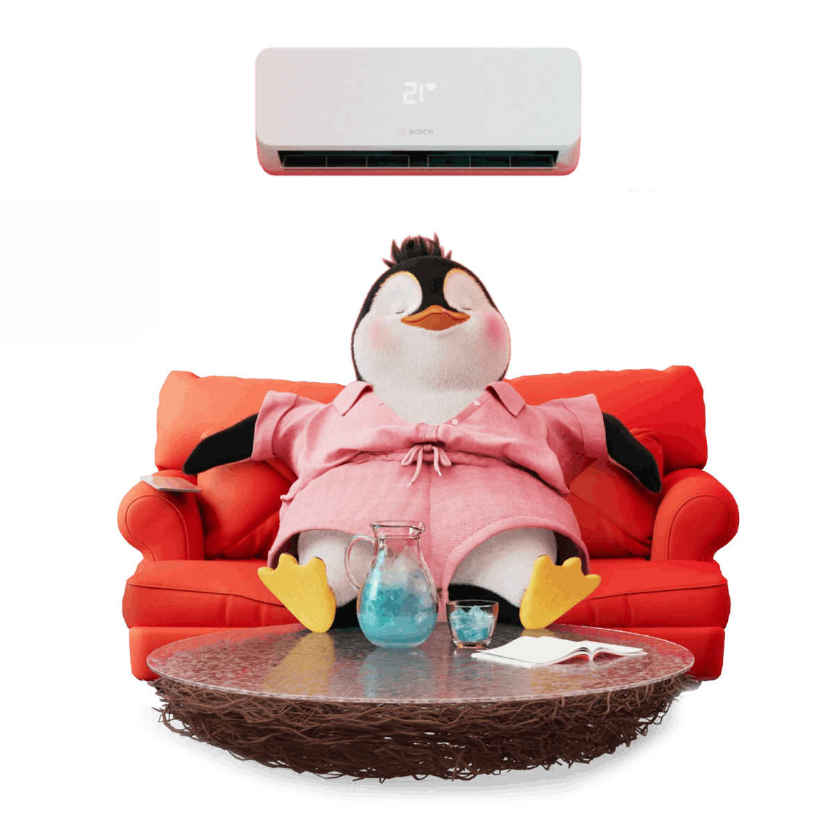 Patricia the Penguin relaxing on the sofa underneath an air con unit