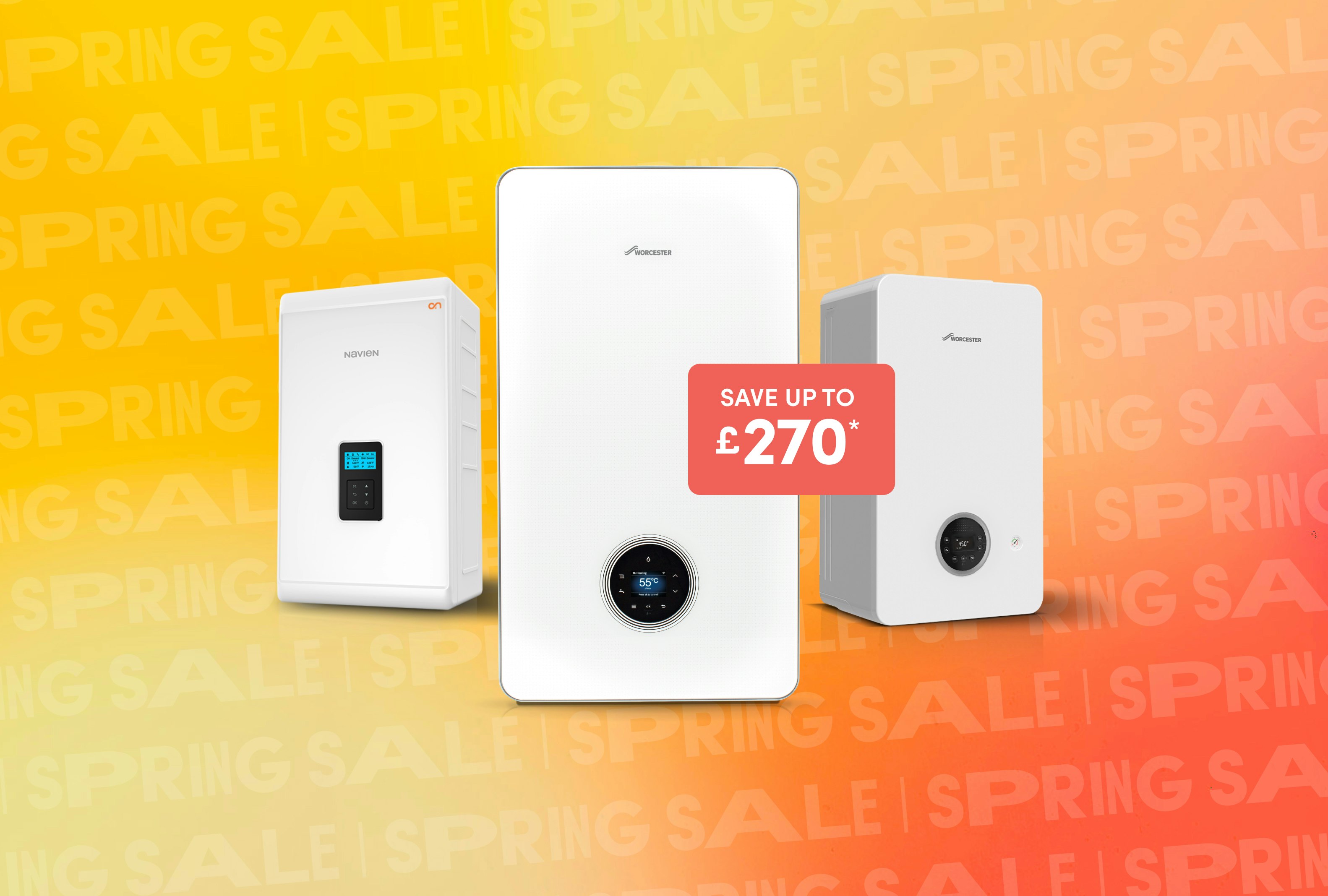 Three boilers stood in a row, a Navien, and two Worcester boilers with a red badge saying Save up to £270*. Set on a red & yellow background with the text Spring Sale repeated 